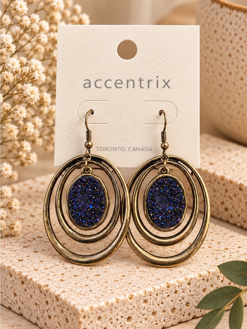 Accentrix Gold-Tone Hoop Earrings with Blue Druzy Center